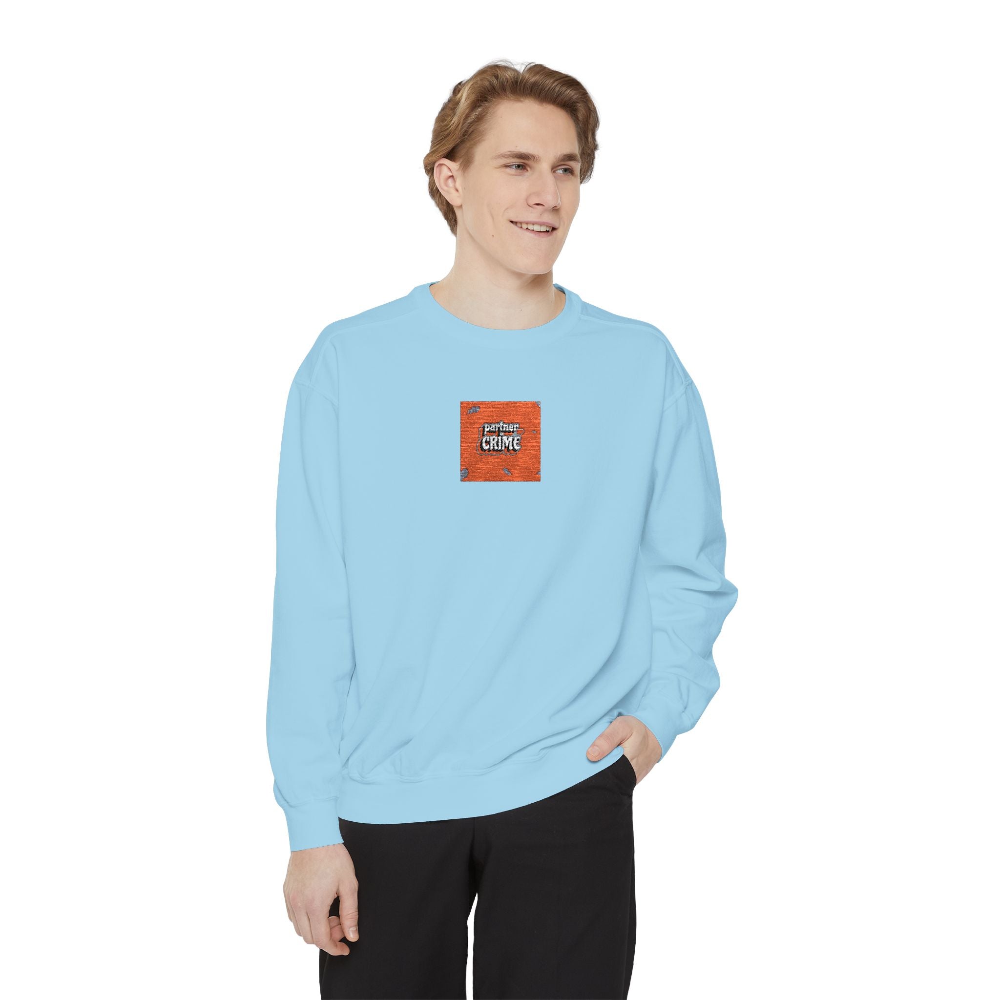 Embroidered Orange Square Graphic Sweatshirt — Retro Cozy Crewneck