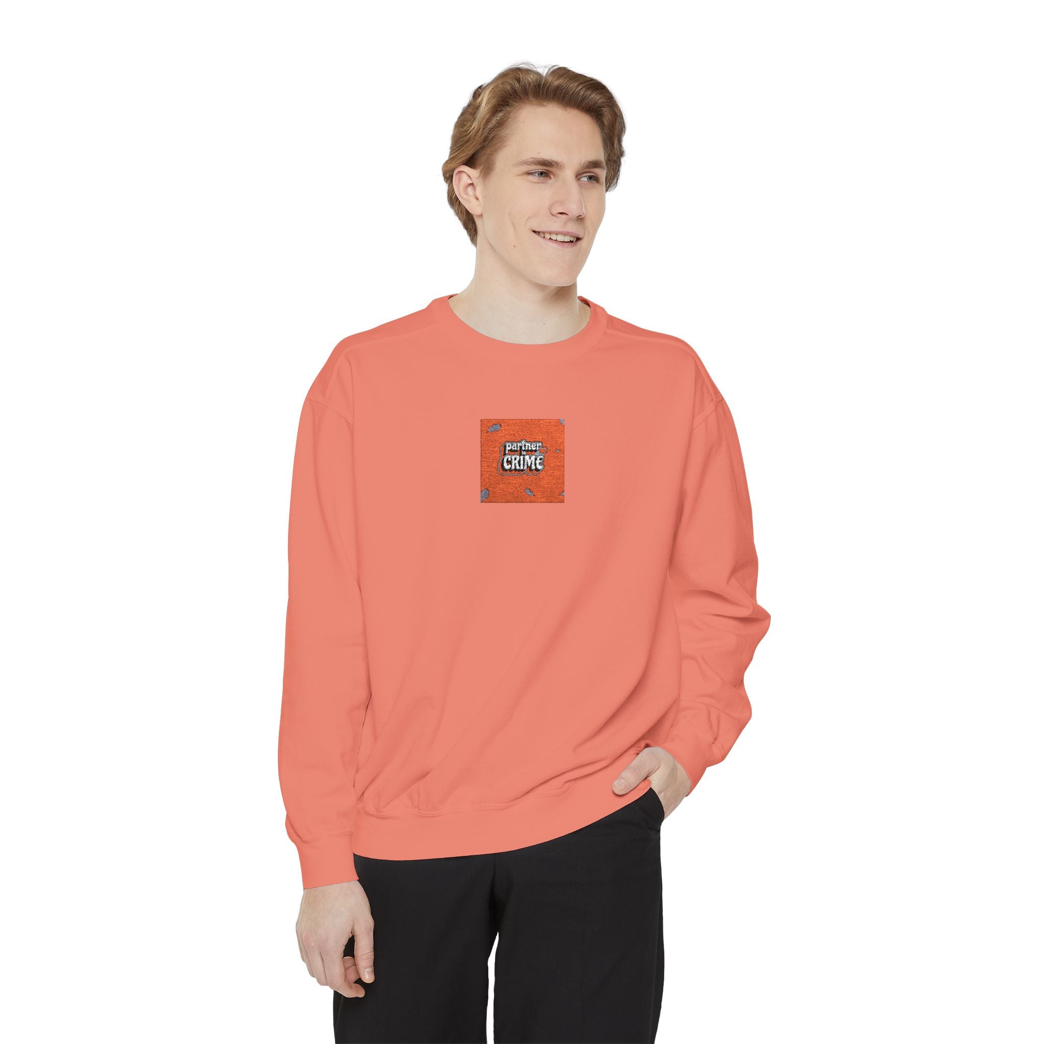 Embroidered Orange Square Graphic Sweatshirt — Retro Cozy Crewneck