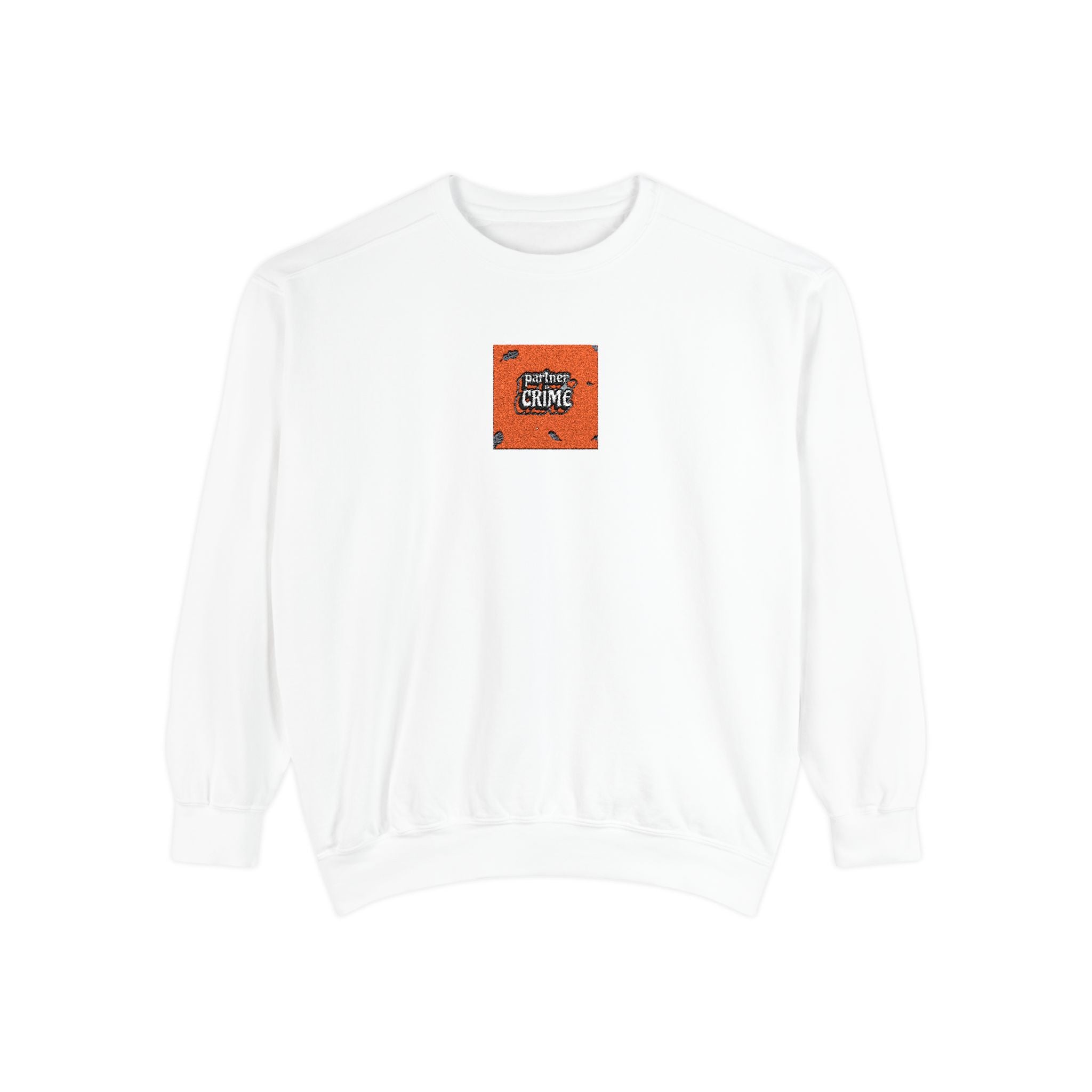 Embroidered Orange Square Graphic Sweatshirt — Retro Cozy Crewneck