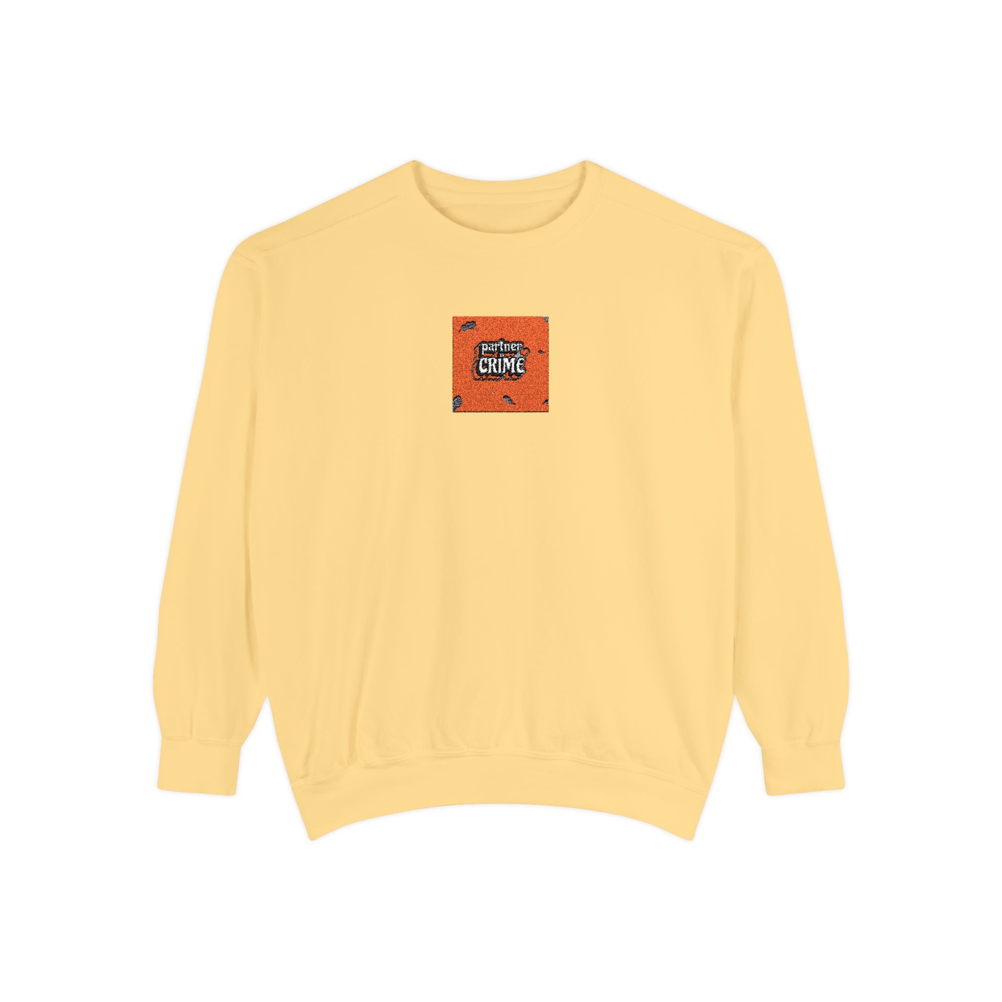 Embroidered Orange Square Graphic Sweatshirt — Retro Cozy Crewneck