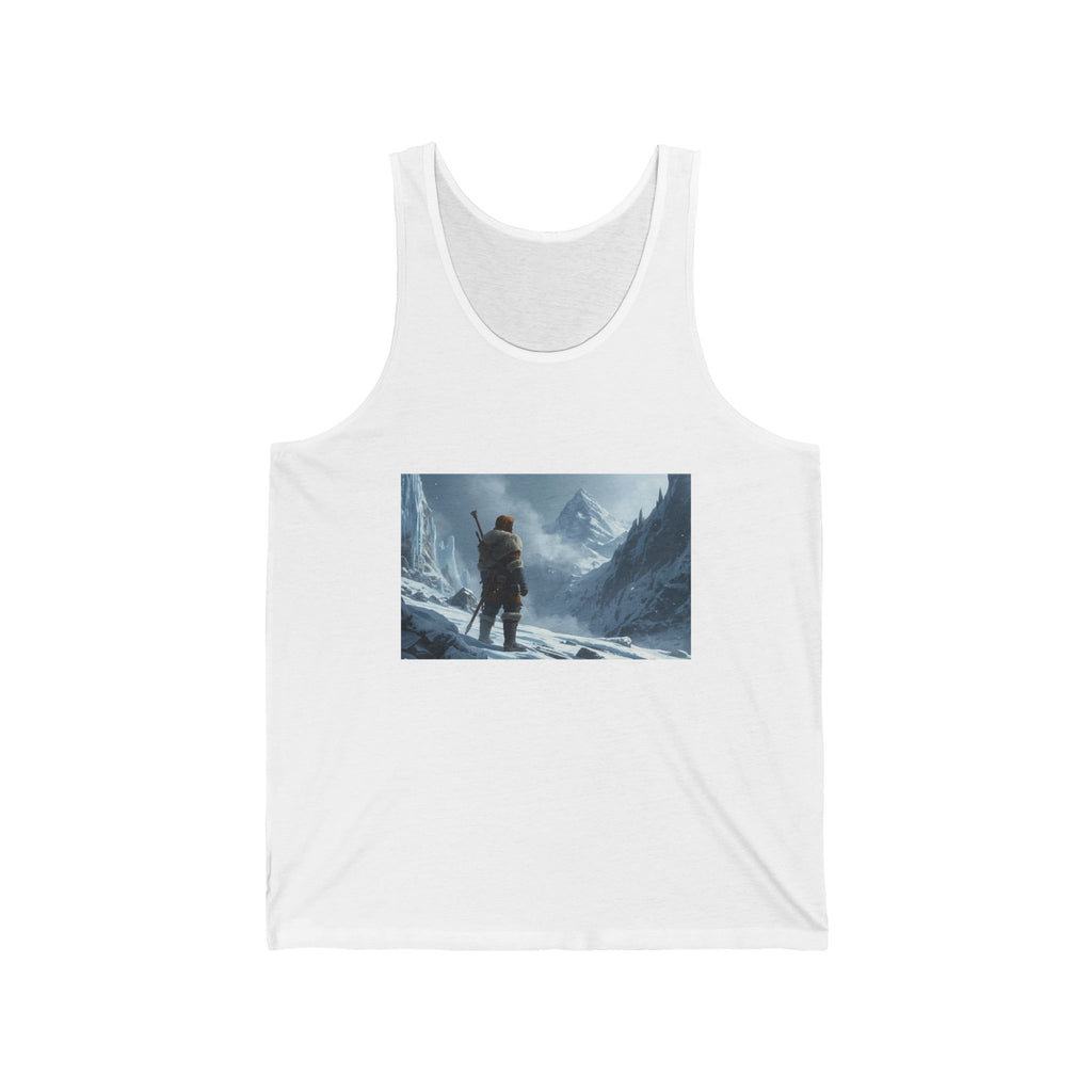 Adventure Tank Top — Lone Traveler in Snowy Mountain Landscape