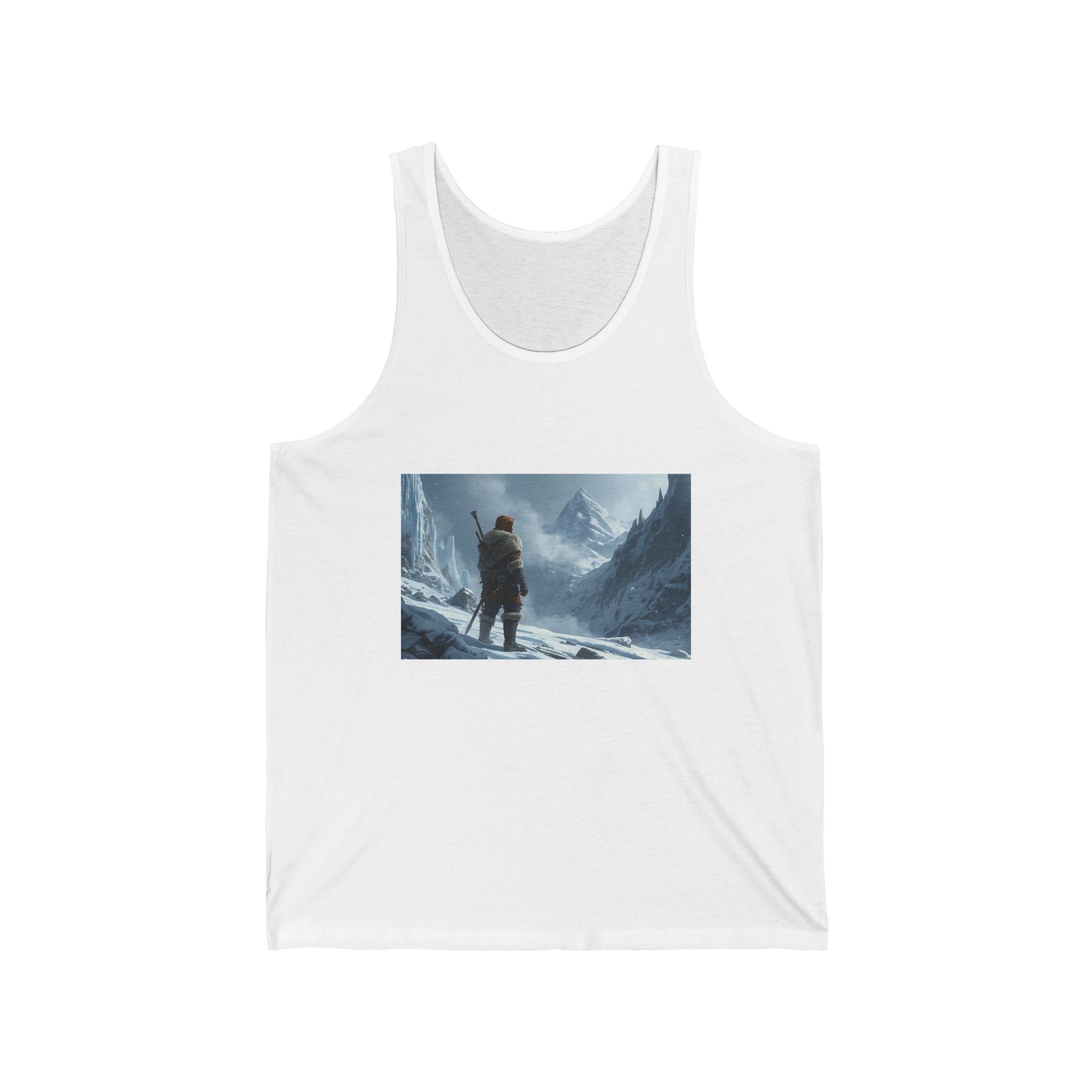 Adventure Tank Top — Lone Traveler in Snowy Mountain Landscape